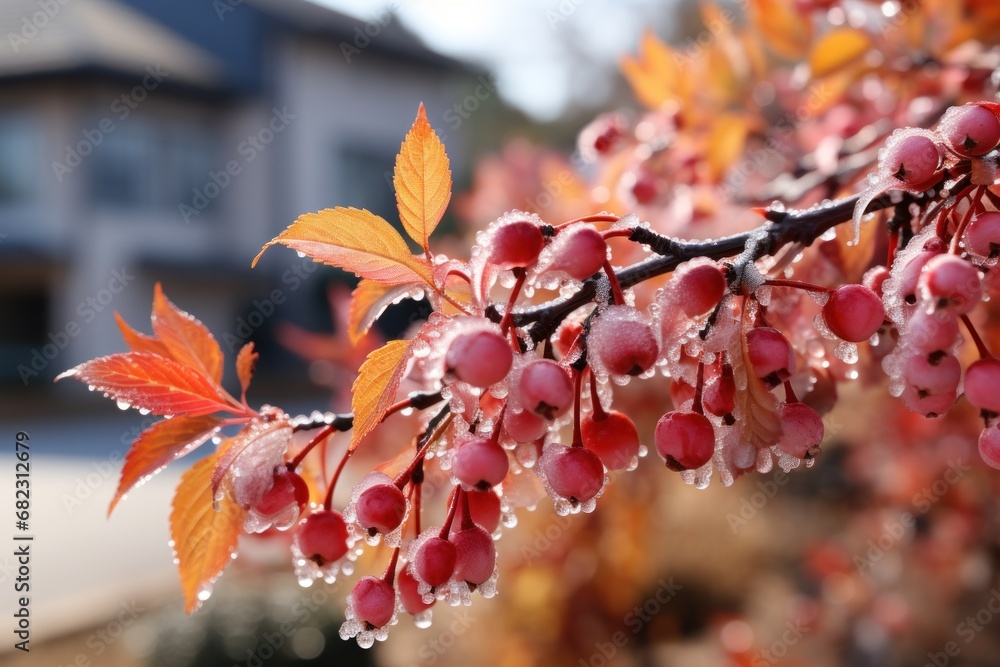Poster a close up of a tree with red berries on it's branches with water droplets on the leaves and a house