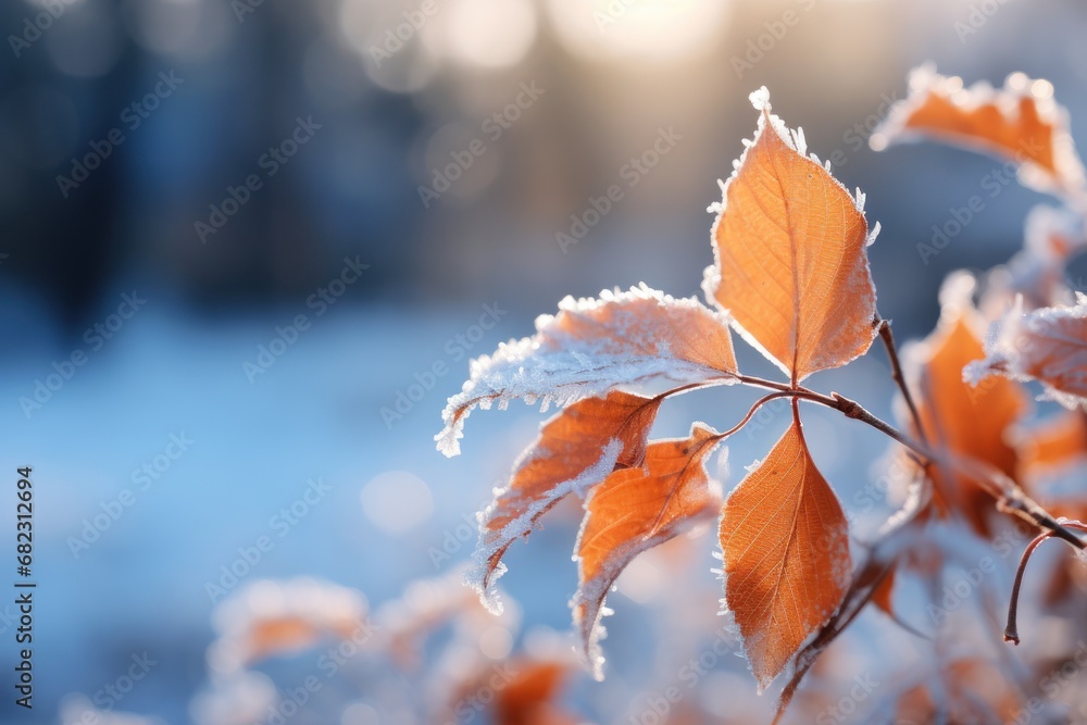 Poster a close up of a leaf on a branch with snow on the leaves and the sun shining through the trees in th