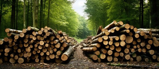 The industry relies on natures renewable energy, as it harvests timber from the meadows hardwood trees, storing firewood made of beech and ash logs for heating, ensuring a solid and sustainable source - obrazy, fototapety, plakaty