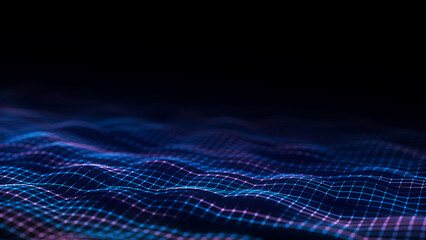 Futuristic digital wave. Dark cyberspace. Abstract wave with dots. White moving particles on background. 3d rendering.