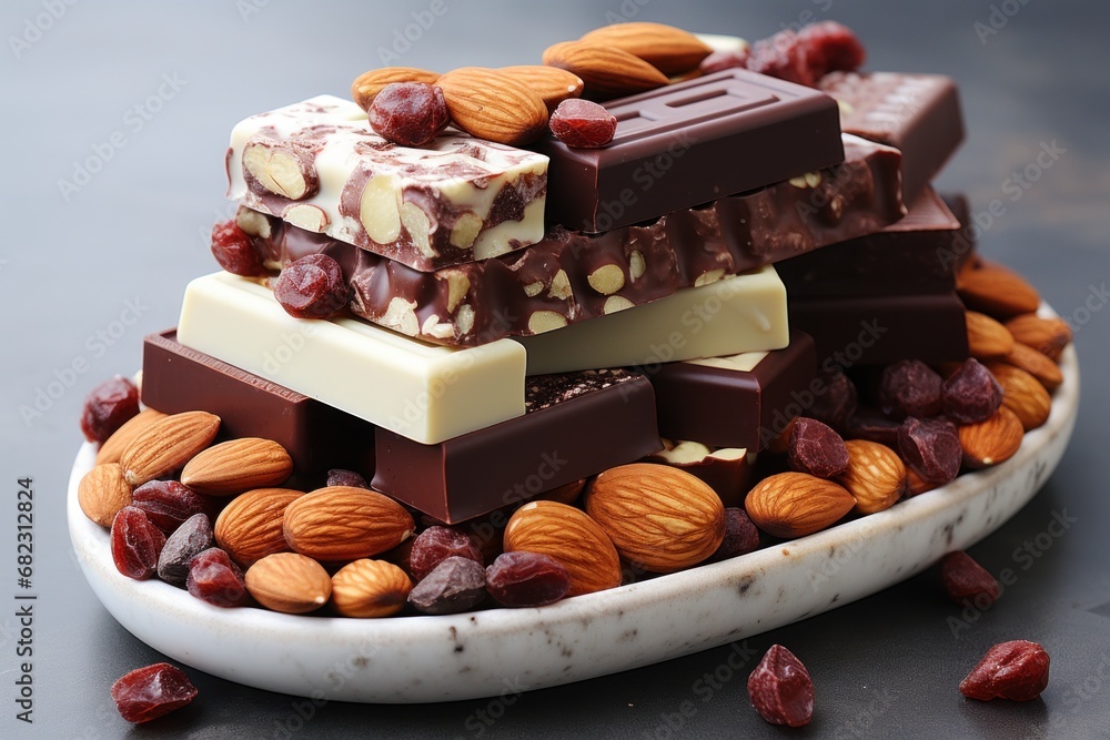 Aufkleber a close up of a plate of food with almonds and chocolates on top of each of the chocolates are stack
