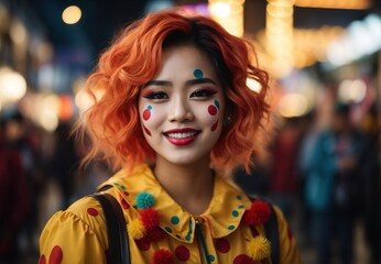 Women wearing clown costume and makeup, blurred crowd of people watching on the background