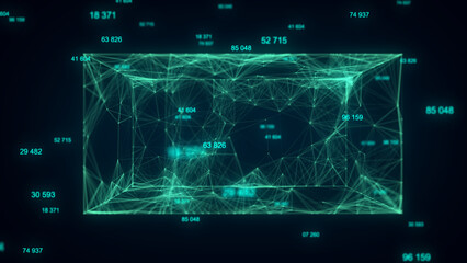 Technology blockchain network connection. Futuristic technology wave. Big data visualization. Cyber security background. Cube through which moving big data. 3D rendering.