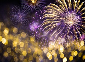 Gold and dark violet fireworks and bokeh in New Year eve and copy space. Abstract background holiday
