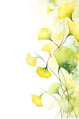 Watercolor Gingko Background with White Copy Space