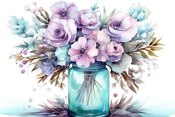  a watercolor painting of a mason jar filled with pink and blue flowers and greenery on a white background with a watercolor painting of a blue mason jar filled with pink flowers.