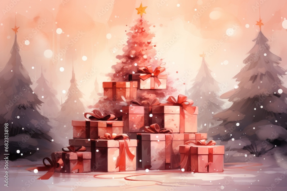 Poster  a painting of a christmas tree with presents in front of it and a star hanging from the top of the tree on the top of the top of the tree.