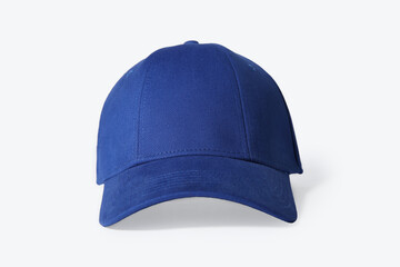 Stylish blue baseball cap on white background