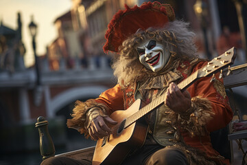A masked and costumed musician playing a melodious tune on a Venetian street corner, adding to the Carnival's charm. Generative Ai. - obrazy, fototapety, plakaty