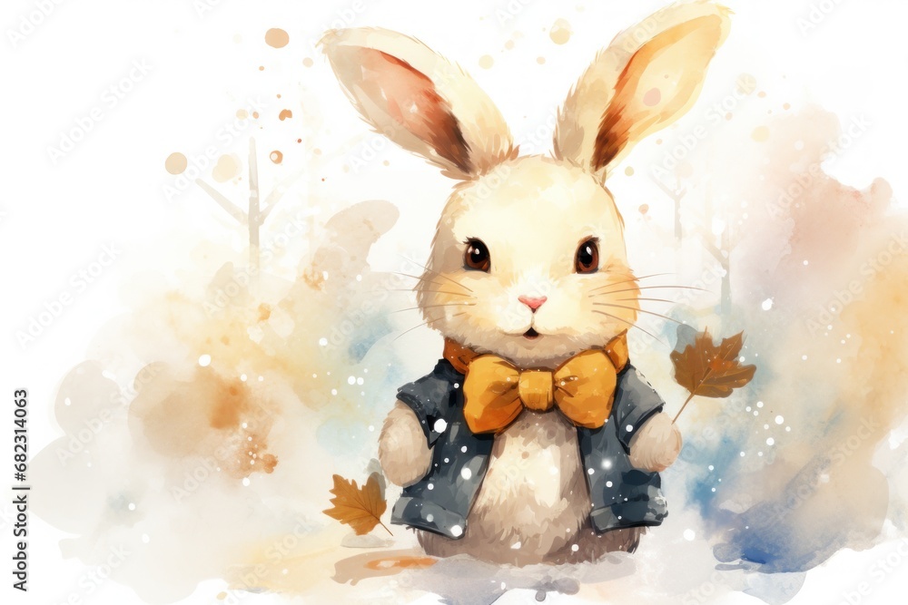 Wall mural  a watercolor painting of a white rabbit wearing a yellow bow tie and a black vest with a brown spot on it's chest, sitting in the snow.