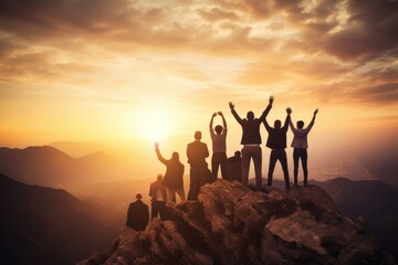 Group success people sunset. Sky teamwork. Generate Ai