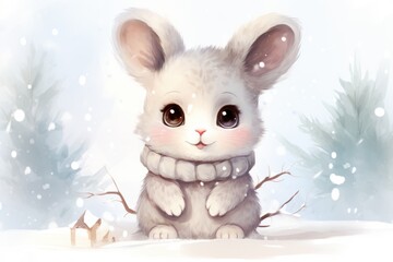  a digital painting of a white rabbit in a scarf sitting in the snow with a birdhouse in the foreground and trees in the background with snow on a light blue sky.