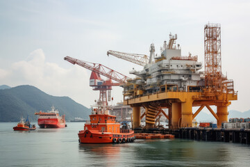 Aerial view of Offshore oil and gas rig construction station platform on the sea. Industry searching for fuel and energy, extract process petroleum and natural gas at ocean beneath seabed.