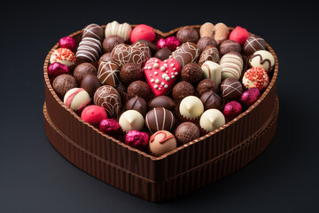 A heart-shaped box filled with an assortment of chocolates, ready to be gifted to a loved one on this special day. Generative Ai.