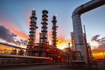 oil refinery at sunset, with a dramatic sky and industrial pipes and towers illuminated by the...