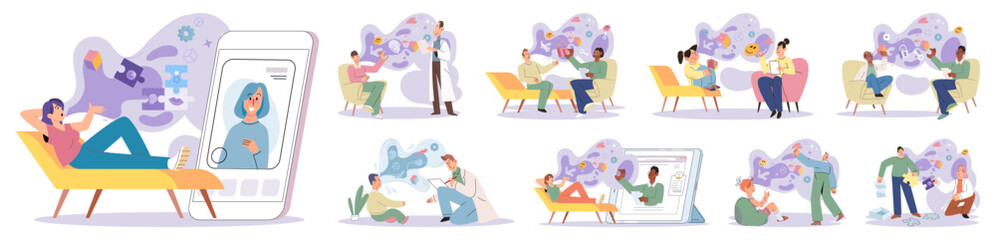 Psychoanalysis vector illustration. Mental health encompasses various lifestyles and approaches to overall wellbeing Mindfulness practices promote mental wellbeing and self-awareness Psychoanalysis