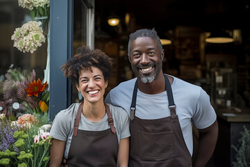 Smiling interracial florist couple at the door of a flower shop. ai generative
