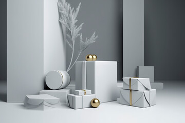 minimalist gift display in monochrome with gold accents. It features a variety of gifts arranged on white pillars against a gray gradient background, ai generative