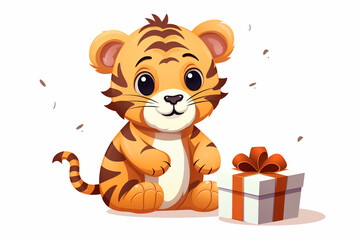 Obraz na płótnie Canvas cartoon character of a tiger cute holding gift box