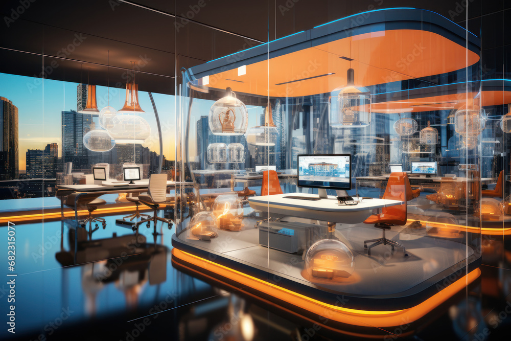 Poster a futuristic office with augmented reality workstations, highlighting the integration of advanced te