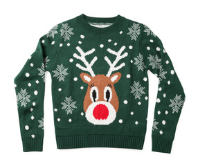 Green Christmas sweater with reindeer isolated on white, top view © New Africa