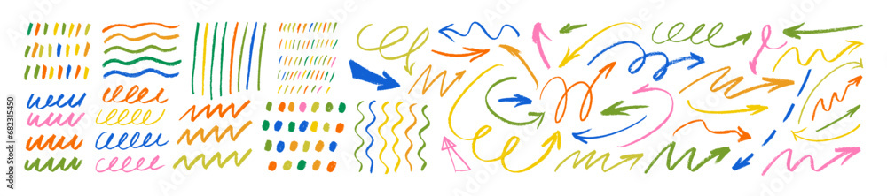Poster colored charcoal arrows and doodle patterns collection. pencil childish drawing elements.