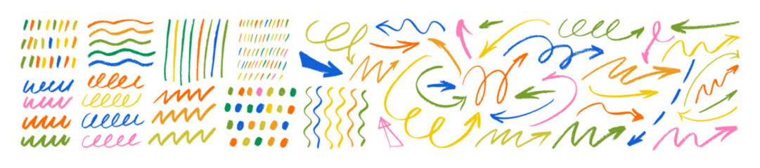 Colored charcoal arrows and doodle patterns collection. Pencil childish drawing elements.