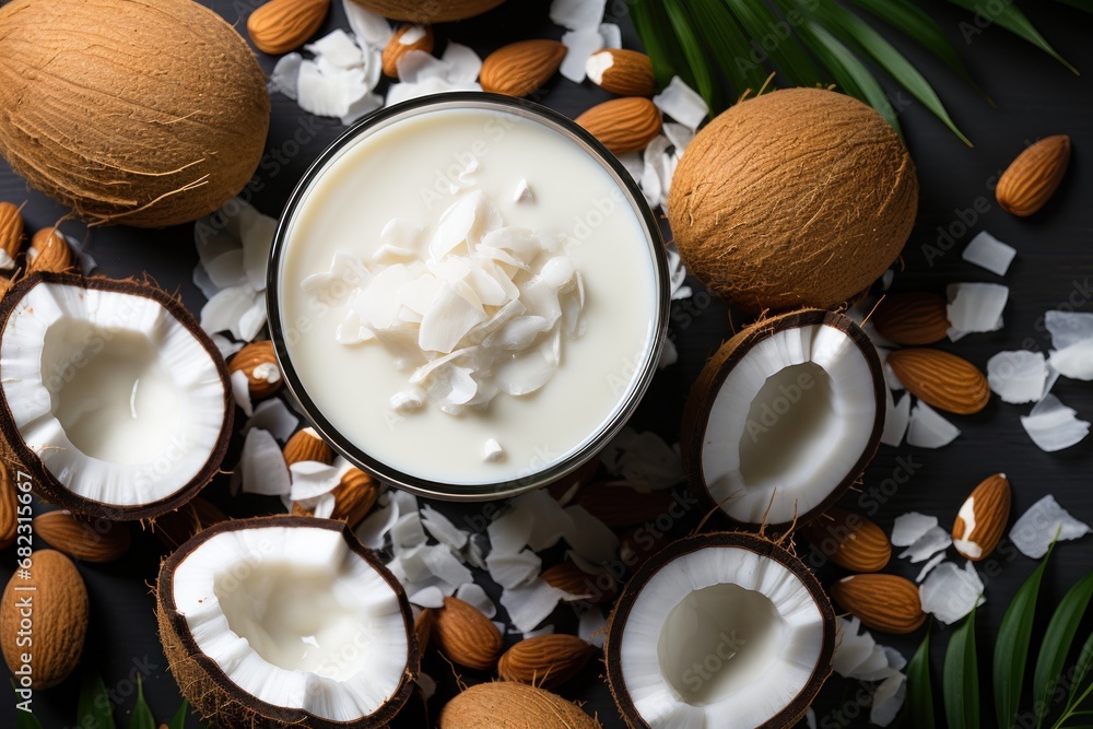 Poster a bowl of yogurt surrounded by coconuts and almonds on a black surface with leaves and coconuts on t