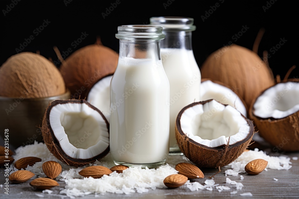Poster a bottle of coconut milk surrounded by coconuts and almonds on a table with coconuts on the side of 