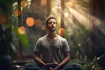 A person practicing mindful breathing exercises in a quiet space, promoting relaxation and stress reduction. Concept of conscious breathwork. Generative Ai.