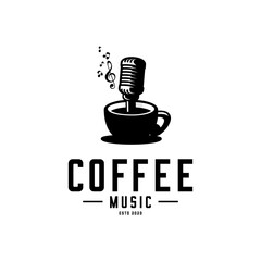 vector cup of coffee, microphone and music tone, cafe music logo