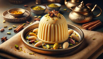 photograph of Kulfi, showcasing a beautifully presented traditional Indian ice cream flavored with saffron, cardamom, and pistachio, placed on an elegant serving dish. 