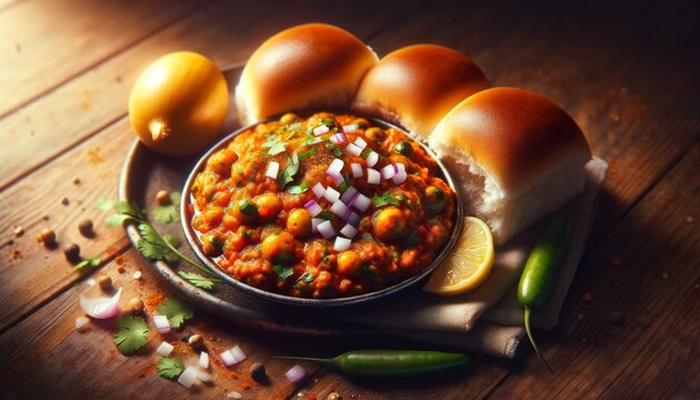 A realistic photograph of Pav Bhaji, showing a spicy vegetable mash served with buttered bread rolls. The image captures the colorful bhaji garnished with onions, cilantro, and lemon.