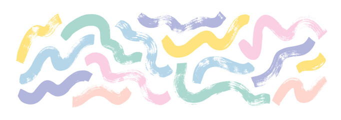 Grunge bold doodle and curved lines collection in pastel colored. Wavy brush strokes.
