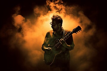 Rock guitar player smoke. Band play. Fictional person. Generate Ai - obrazy, fototapety, plakaty