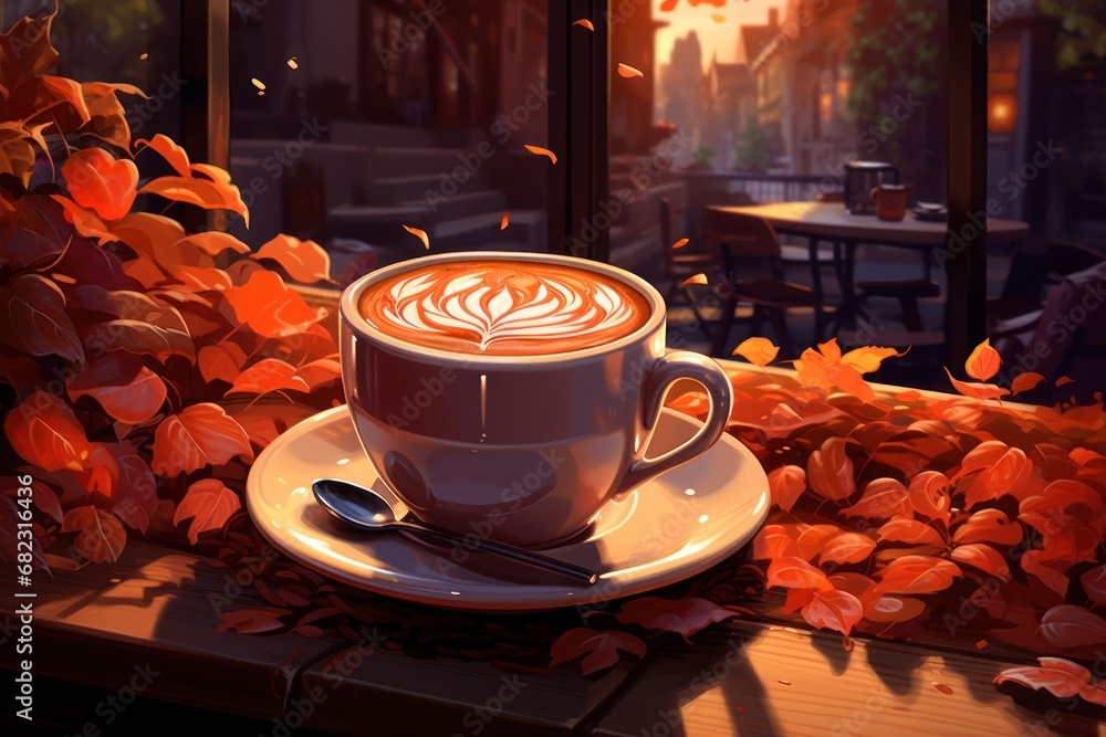 Aufkleber a cup of cappuccino on a saucer with a spoon on a saucer on a table in front of a window with leaves