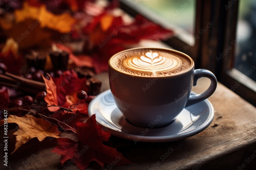 Poster a cup of cappuccino sitting on a saucer on a table next to a window with autumn leaves on the window