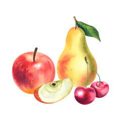 Pear, cherry and apple. Set. Watercolor illustration, Juicy fruits. Healthy baby food. Template, stickers, printing.