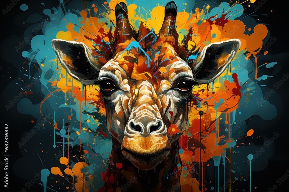 Poster a close up of a giraffe's face with paint splatters on it's face and in the background is an orange 