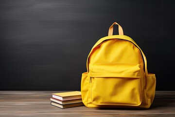 Yellow backpack with different colorful stationery on table. Back to school