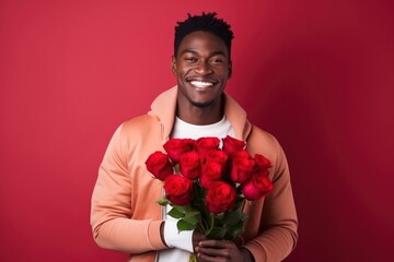 Young handsome African-American guy smiles and holds large bouquet of red roses on red background. Love concept, Valentine's day, holiday greeting, birthday. Romantic man with flowers