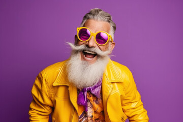 Portrait of cheerful elderly gray-haired bearded grandfather in funny sunglasses and bright extravagant clothes on plain purple background. Retired hipster, seniors party, carnival