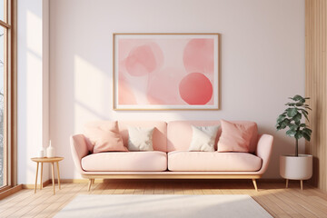 modern living room with pink sofa and a wall art.  Interior design of a minimalistic styled room.