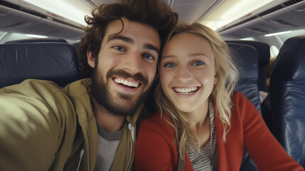 Fototapeta na wymiar Happy young couple sitting on a plane By the window, bright sunlight Traveling during the holidays
