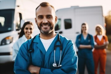 An ambulance crew with an ambulance in the background. The concept of calling doctors, rescuers, preserving people's health and lives - obrazy, fototapety, plakaty