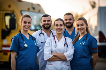 An ambulance crew with an ambulance in the background. The concept of calling doctors, rescuers, preserving people's health and lives