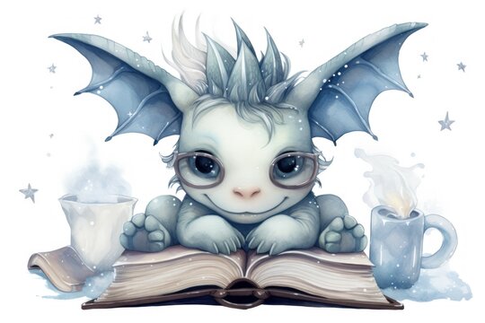  a white dragon sitting on top of an open book next to a cup of coffee and a book with a bookmark on top of the book is surrounded by stars.