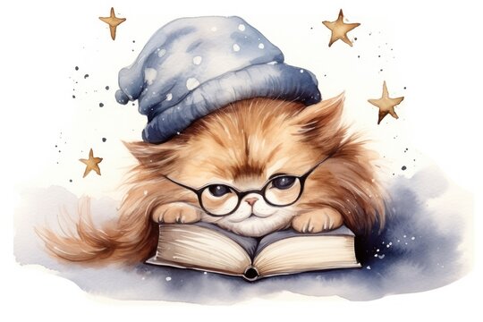  a watercolor painting of a cat wearing glasses and a hat while reading a book with stars on the side of the image and on top of the book is a white background.