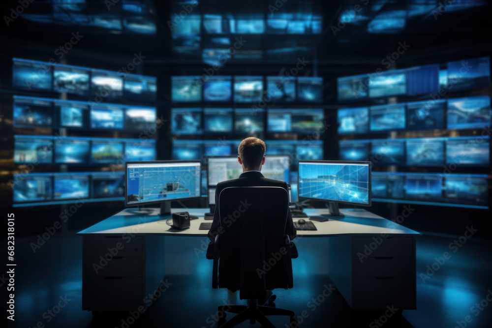 Poster a control room with banks of monitors displaying real-time data, where operators monitor and manage 