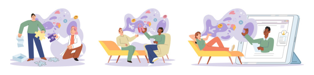 Mental health vector illustration. Therapy and counseling provide professional support for individuals facing mental health difficulties Care and understanding from loved ones contribute to persons